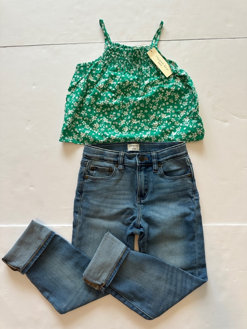 Girls NWT Copper Key 7 Green Floral Smocked Cami Top and Jcrew slim Jeans